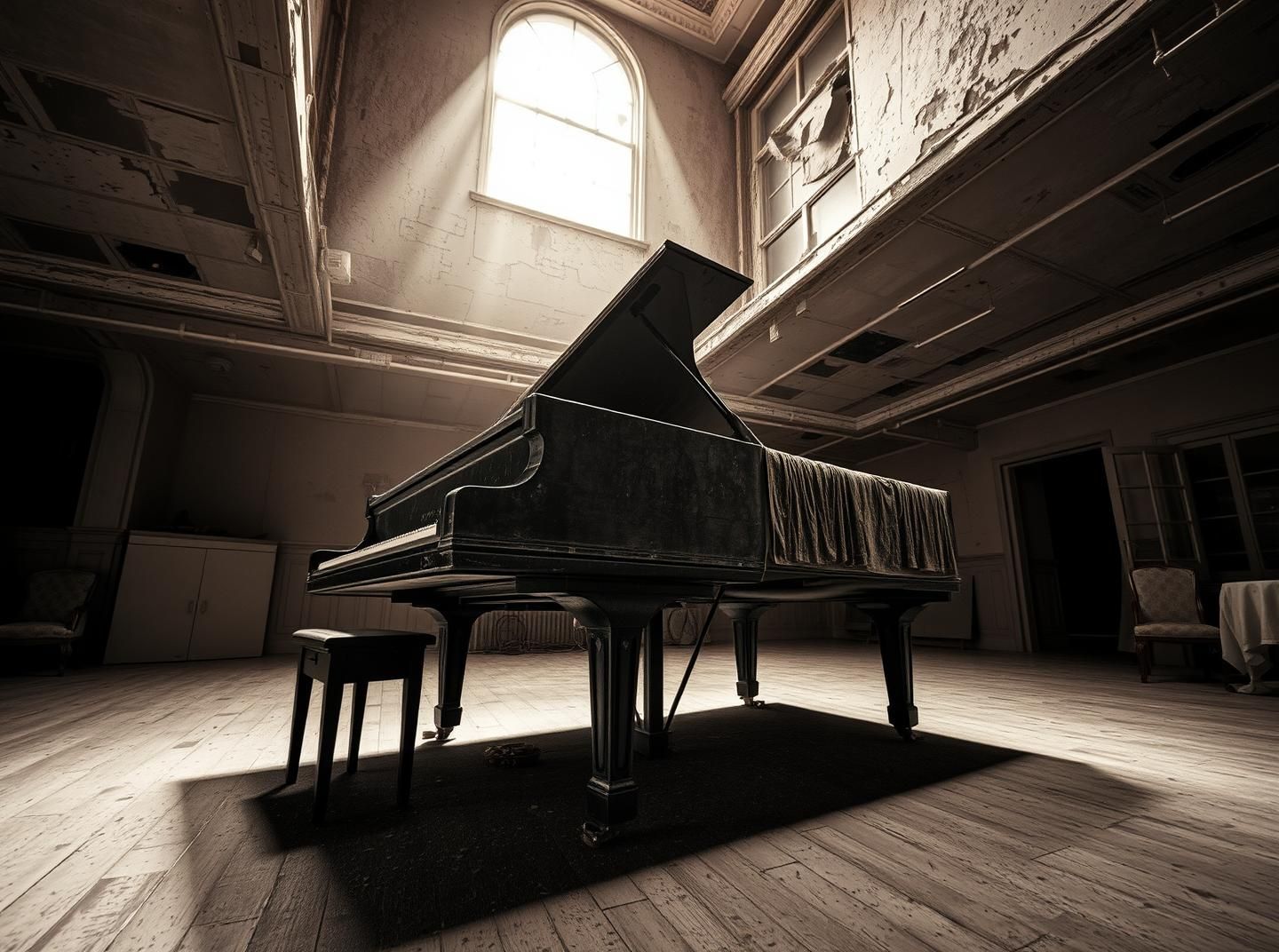 Abandoned Ballroom Piano: Ghostly Beauty of Decay, Nostalgic Sepia in 8K
 | Unfold Lens