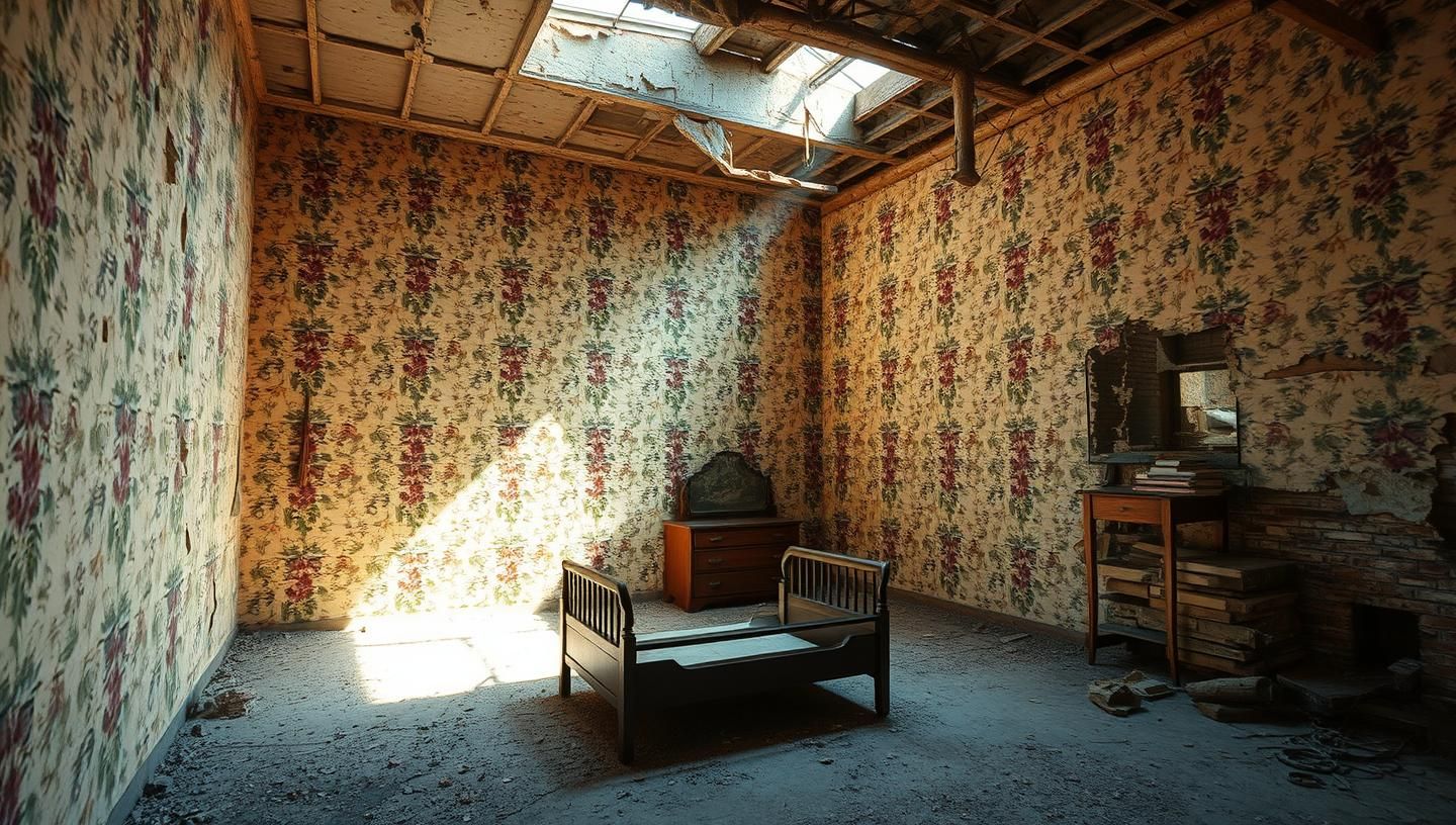 Abandoned Factory Bedroom: Sunlight on Floral Wallpaper, Lost Beauty in Decay
 | Unfold Lens