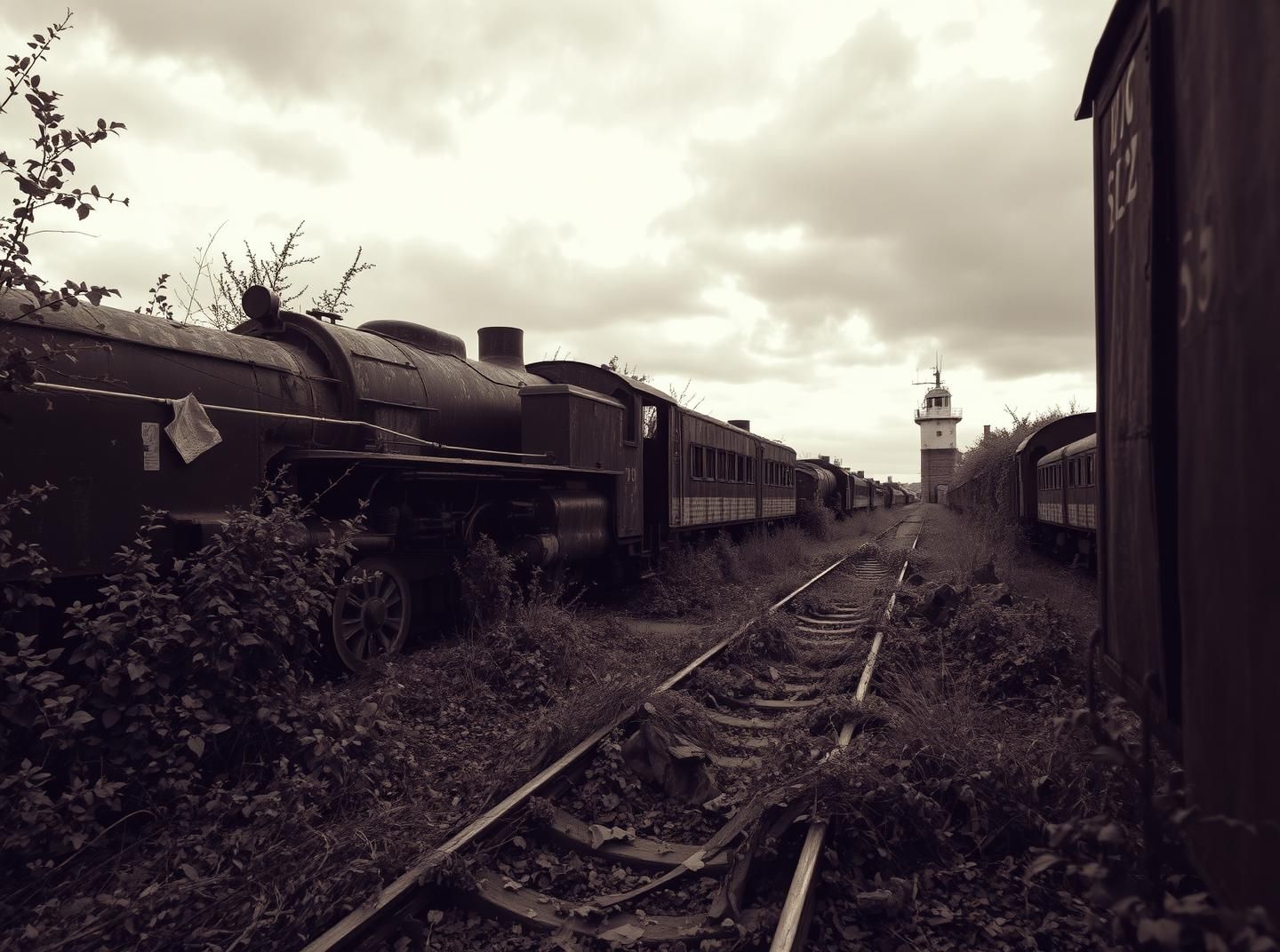 Abandoned Shipyard Train, Nature's Embrace: Nostalgic Sepia, 8K Masterpiece
 | Unfold Lens