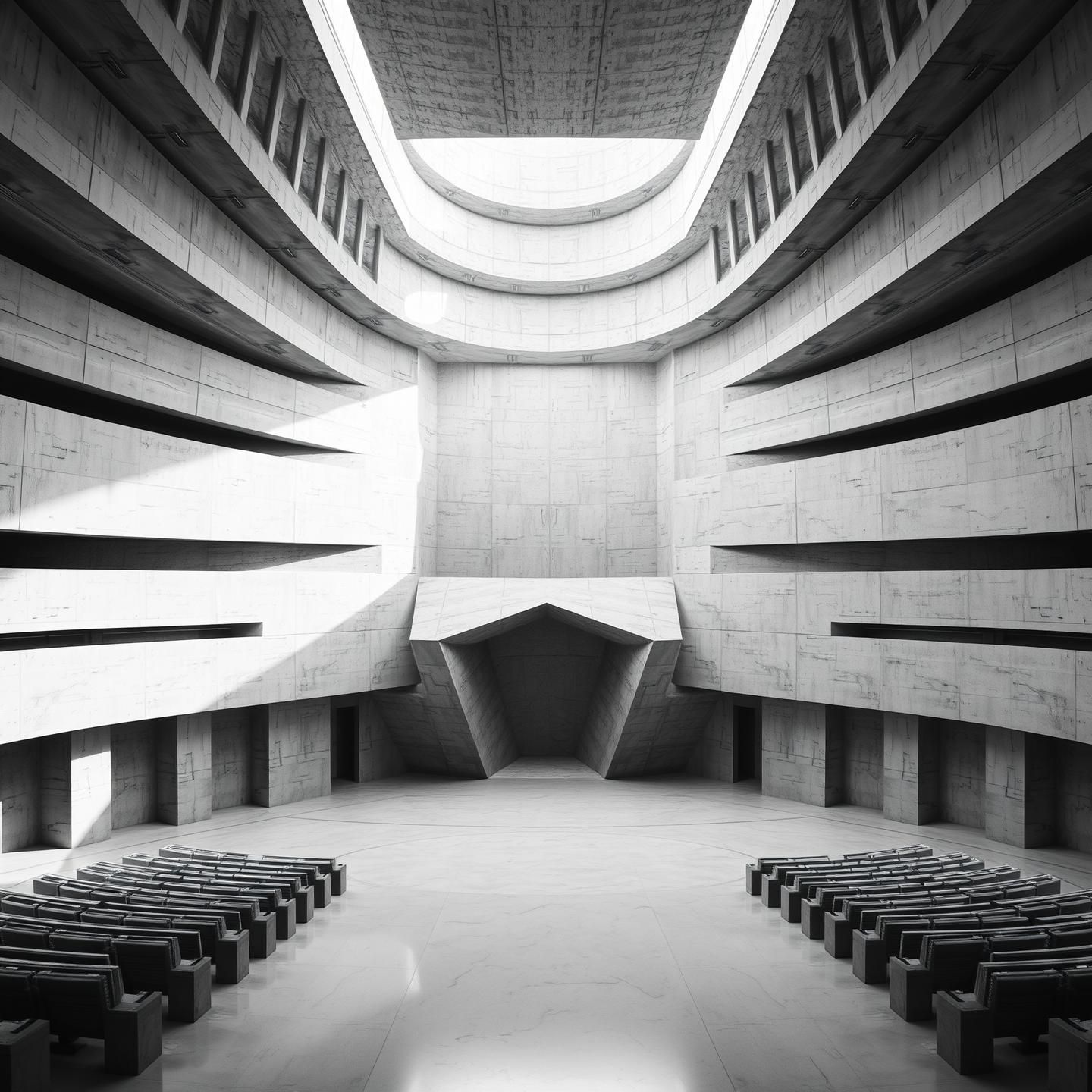Abstract Brutalist Architecture in Ethereal White Auditorium, High-Res 8K
 | Unfold Lens