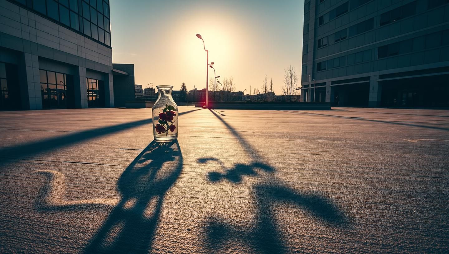 Abstract Plaza Shadows: Phantom Flowers Dance on Concrete, Urban Still Life | Unfold Lens