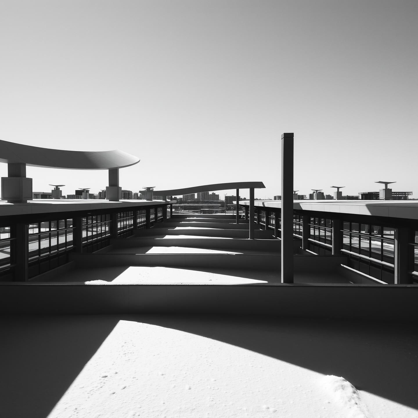 Abstract Rooftop: Modern Architecture in Harsh Sunlight - High Contrast 8K Art
 | Unfold Lens