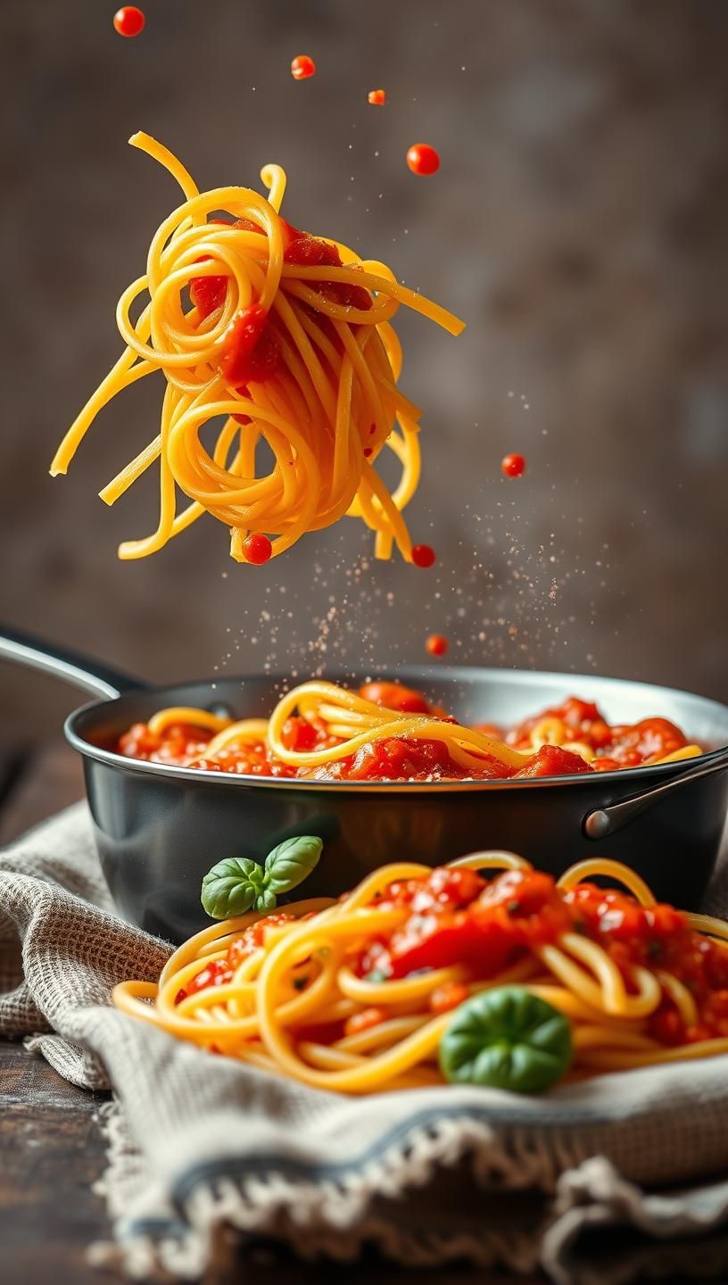 Airborne Pasta Splash: Fresh Tomato Sauce Delight in High-Key | Unfold Lens