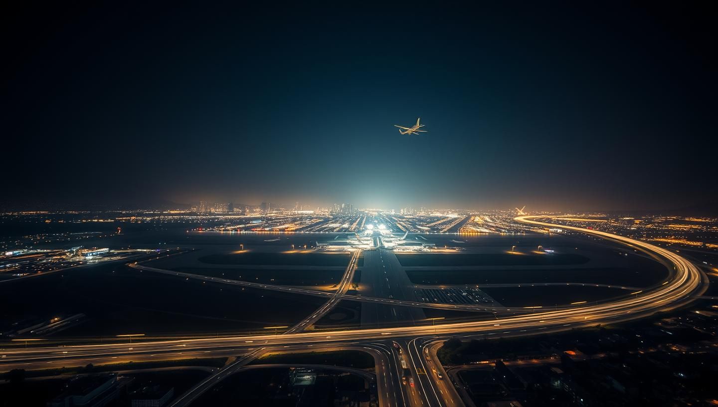 Airport Light Trails: Elegant Ascensions in Moody Cityscape - 8K
 | Unfold Lens