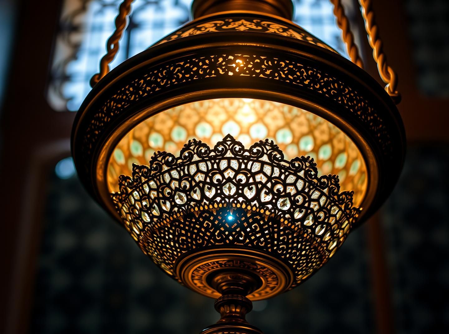Alhambra Palace Mosque Lamp: Golden Hour Intricate Geometric Brilliance
 | Unfold Lens