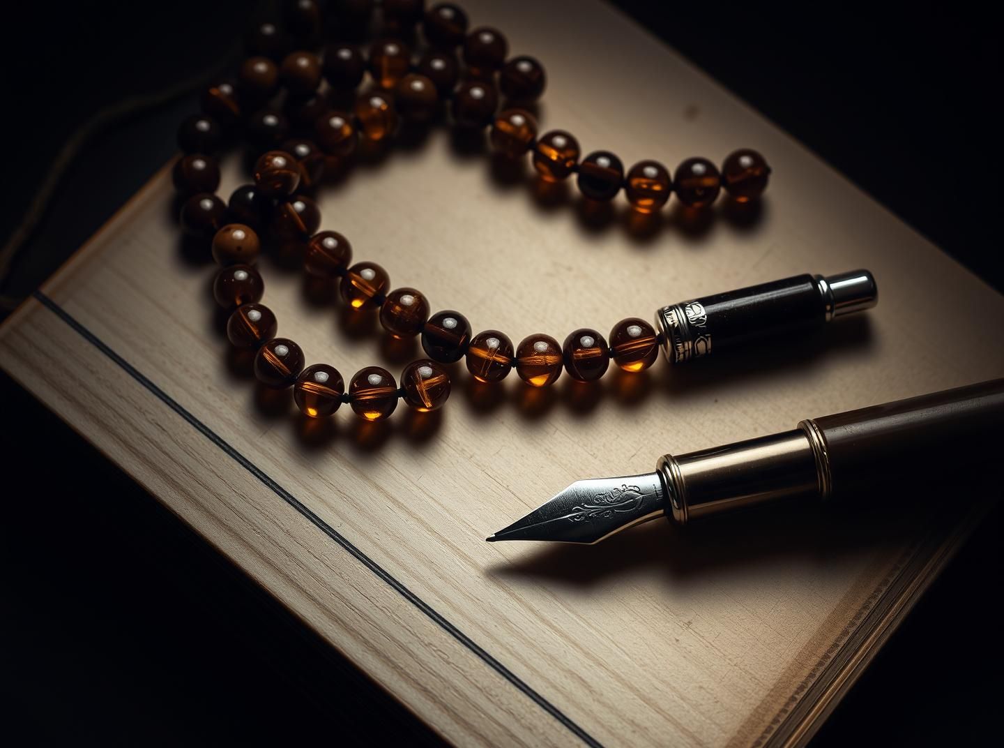 Amber Tasbih Beads on Oak: Nostalgic Prayer Beads, Warm Light, Spiritual Focus | Unfold Lens