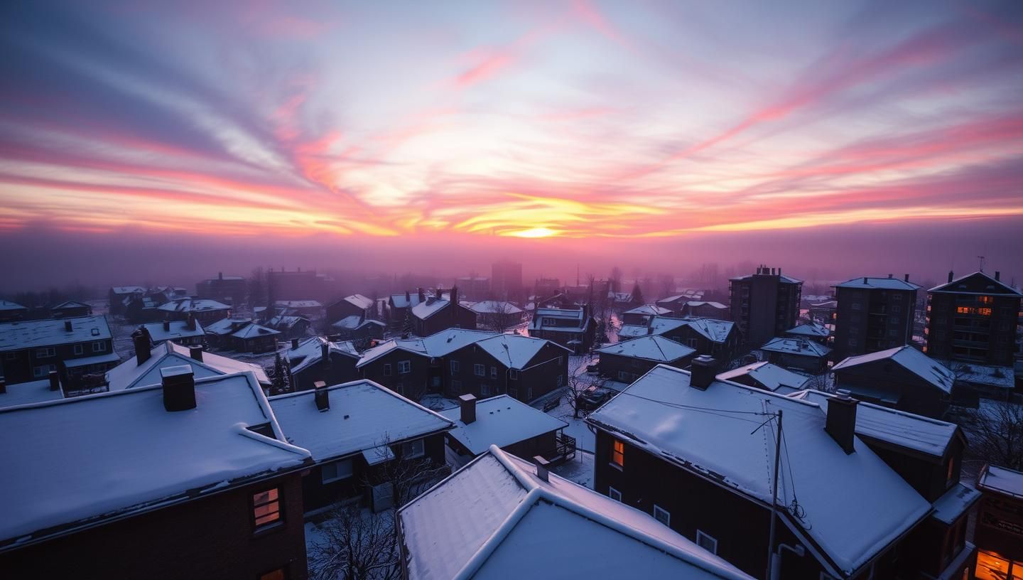 Ambitious Winter Cityscape Sunset: Fiery Glow, Dense Fog, 8K Masterpiece
 | Unfold Lens
