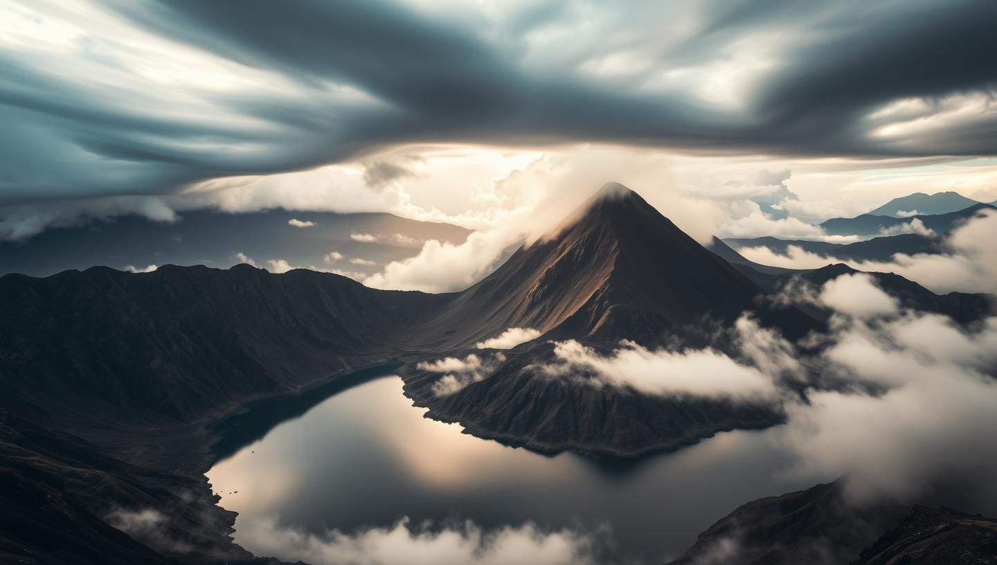 Andean Volcanic Lake: Machu Picchu's Steaming Wonder in Dramatic Light
 | Unfold Lens