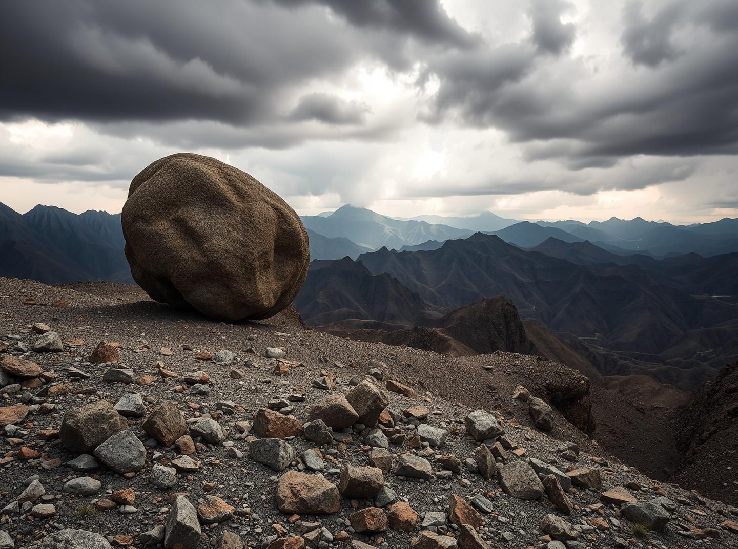 Andes Boulder Stormscape: Jagged Rocks & Smooth Stone in Dramatic Light - 8K 
 | Unfold Lens