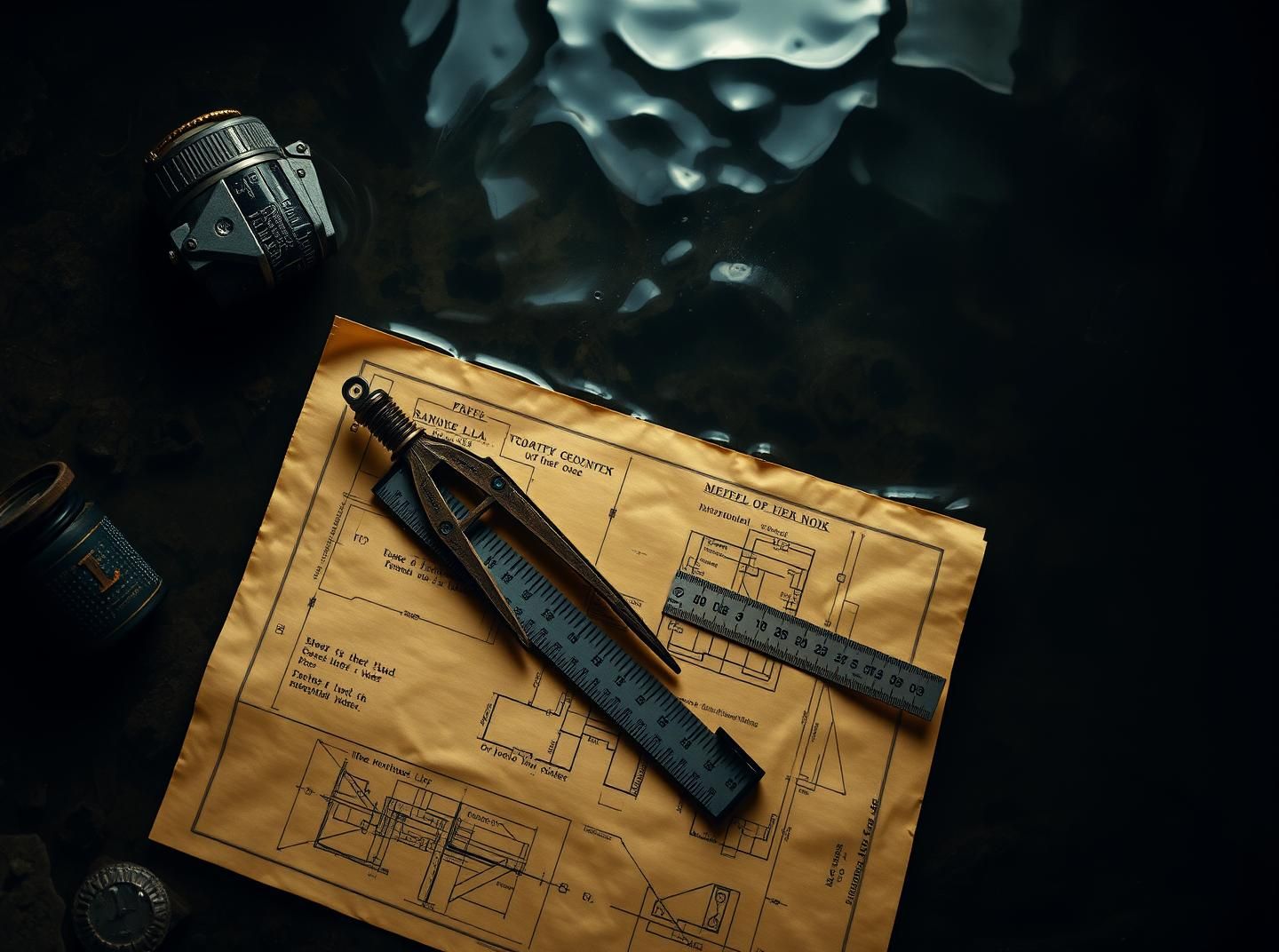 Antique Drafting Tools on Blueprint in Stream - Evokes Nostalgia & Precision | Unfold Lens