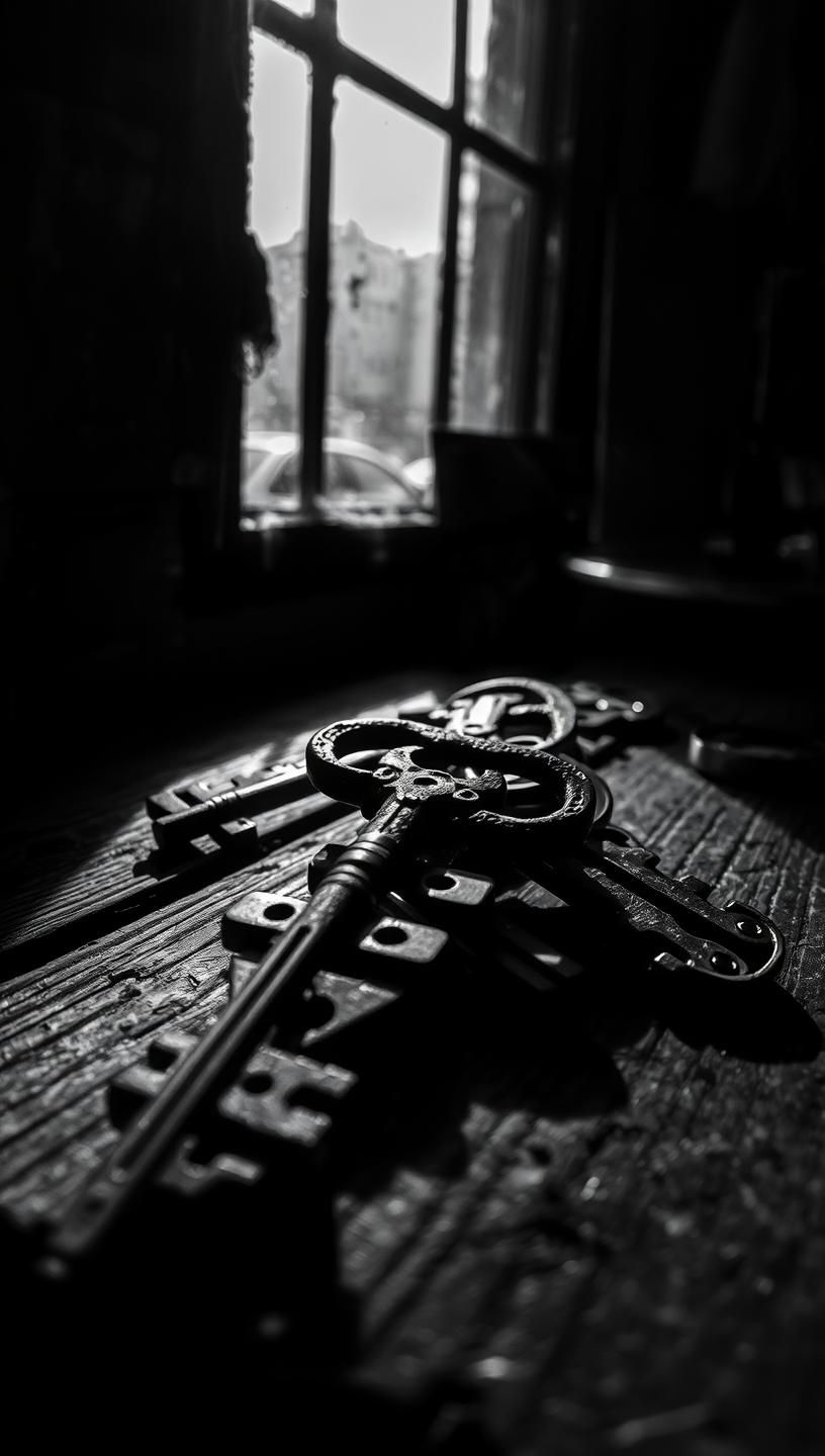Antique Skeleton Keys Macro Photo: Rustic Charm & Mystery in Shadowy Light | Unfold Lens