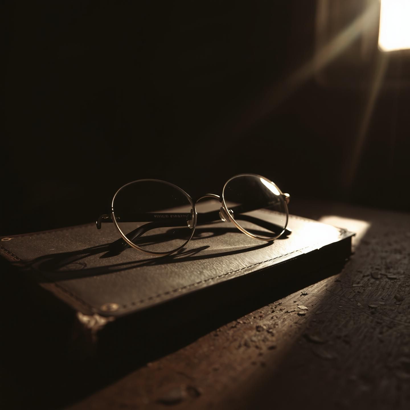 Antique Spectacles on Aged Book: Cellar Shadows, Painterly Still Life, Sepia Tones
 | Unfold Lens