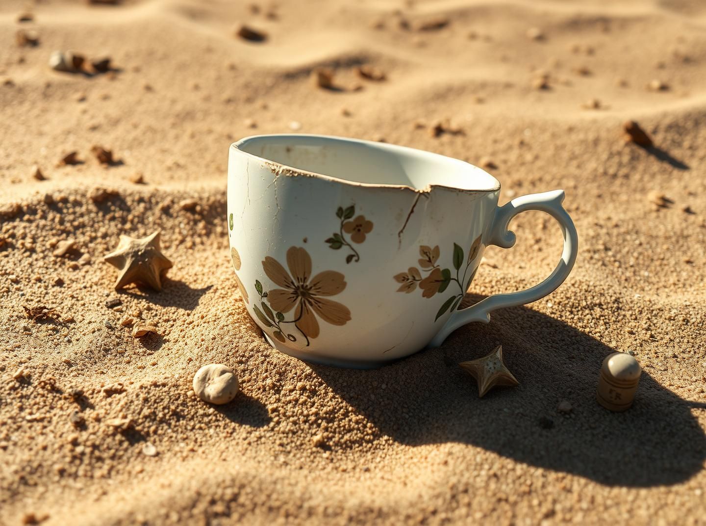 Antique Teacup on Windswept Beach: Evoking Nostalgia and Timeless Beauty | Unfold Lens