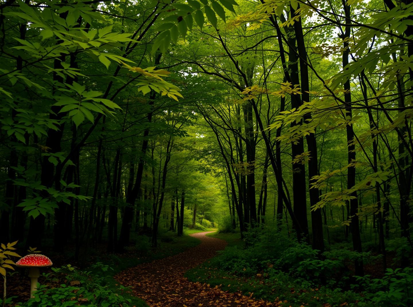Appalachian Autumn Forest Path: Glowing Leaves, Red Mushroom, 8k Masterpiece | Unfold Lens