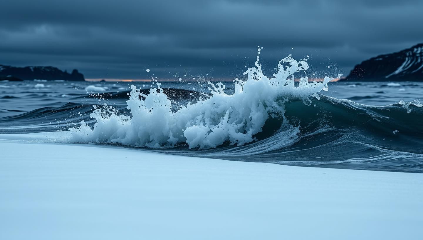 Arctic Seascape: Golden Hour Wave Splash on Greenland Coast in 8K Resolution
 | Unfold Lens