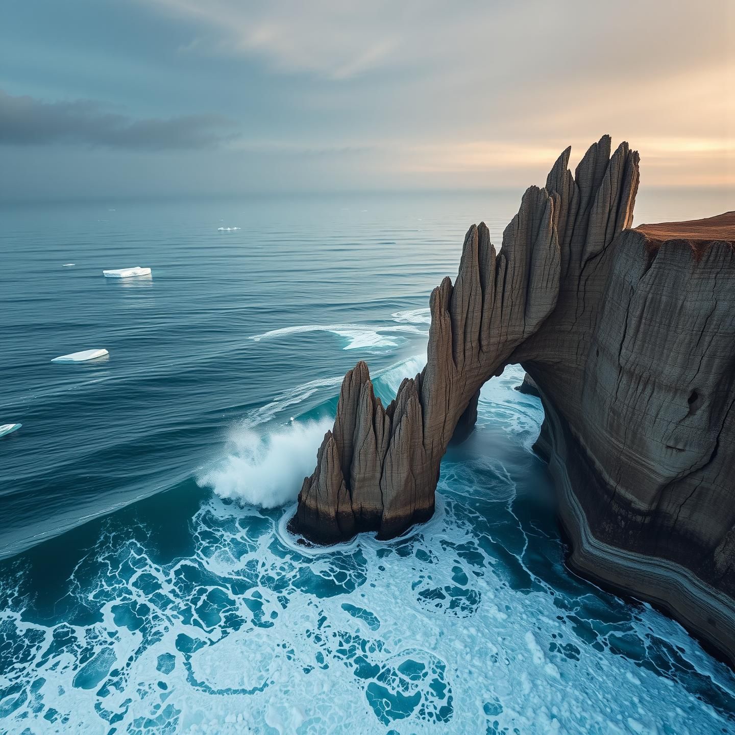 Arctic Wave Majesty: Turquoise Seas Crashing on Sandstone Arches in Golden Light
 | Unfold Lens