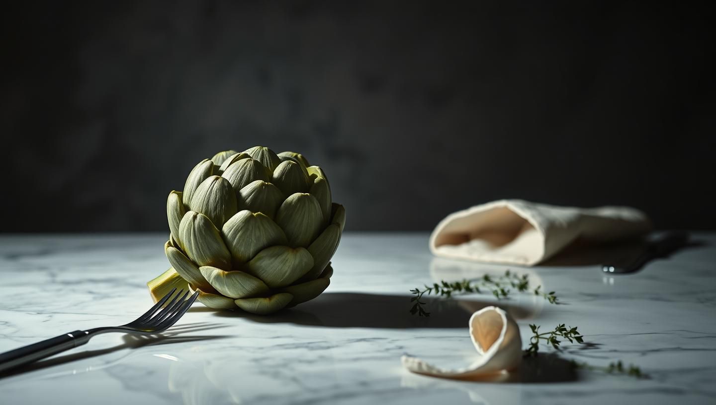 Artichoke Still Life: Culinary Elegance in Natural Light, Moody Shadow, 8k | Unfold Lens