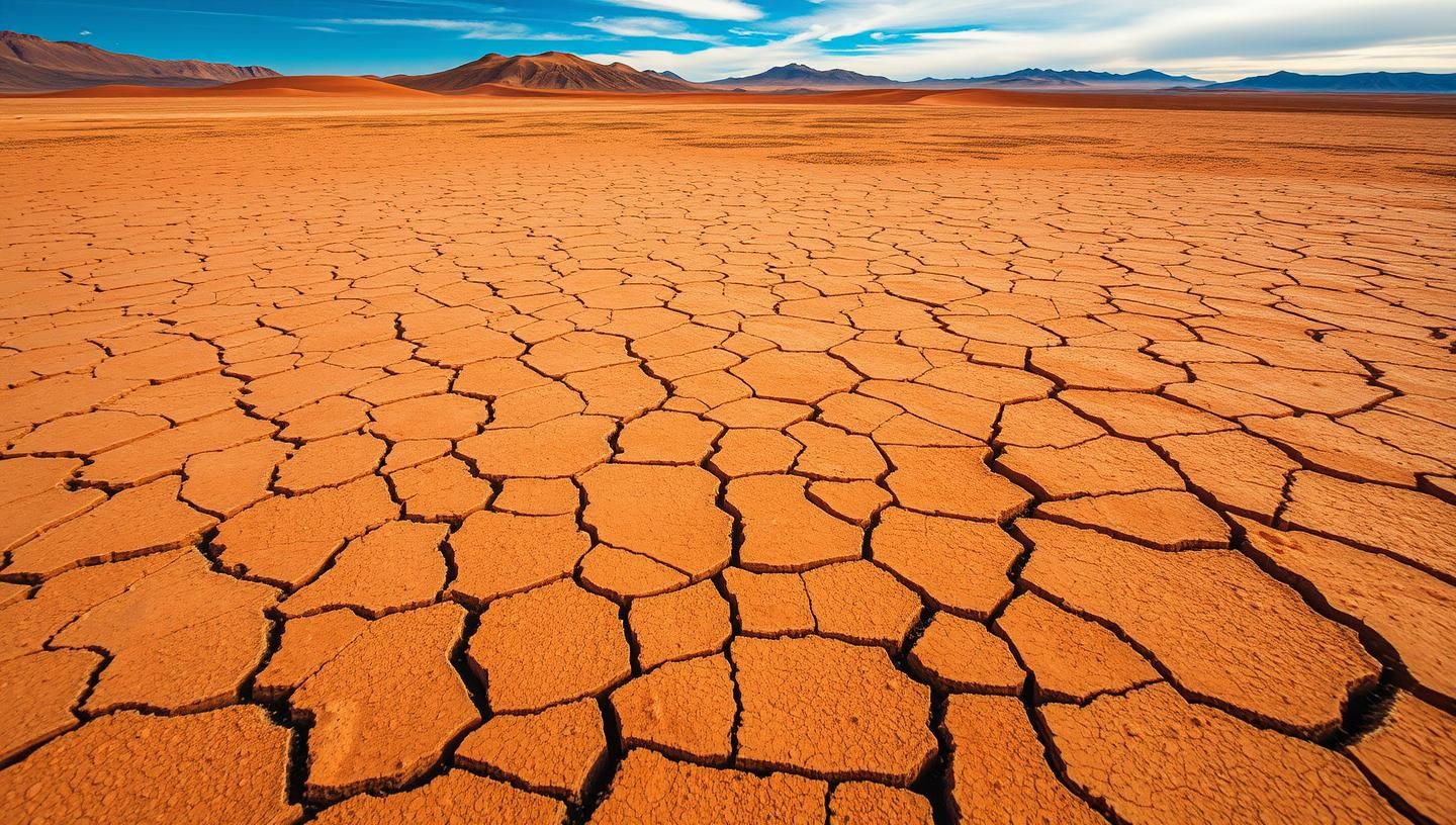 Atacama Desert's Cracked Mudflat: Hazy, Golden, Earthy Landscape in 8k | Unfold Lens