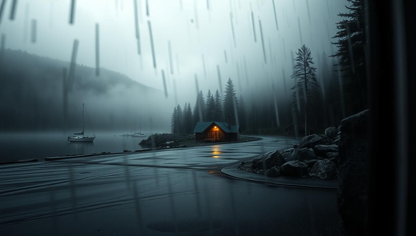 Atmospheric Fishing Village: Moody Harbor, Rain Streaks, Warm Cabin Light, 8K
 | Unfold Lens