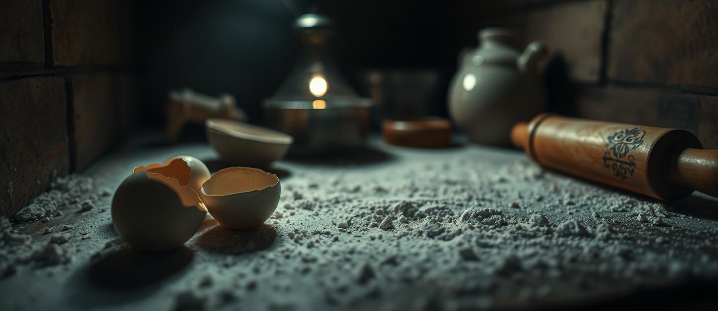 Attic Baking Scene: Forgotten Story, Flour Clue, Noir Shadows, Vintage Charm | Unfold Lens