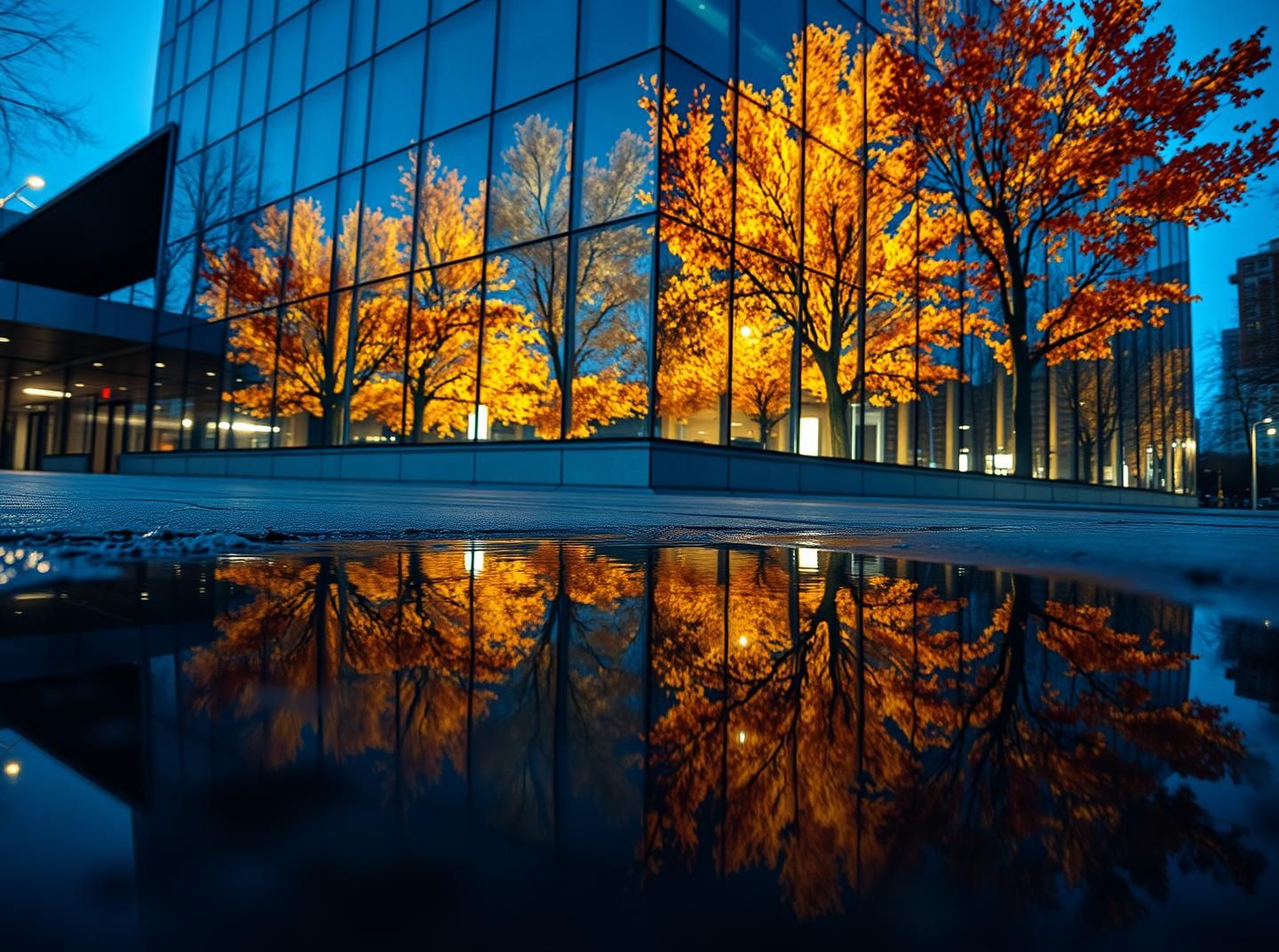 Autumn reflection on modern building, distorted surreal abstract, city lights
 | Unfold Lens