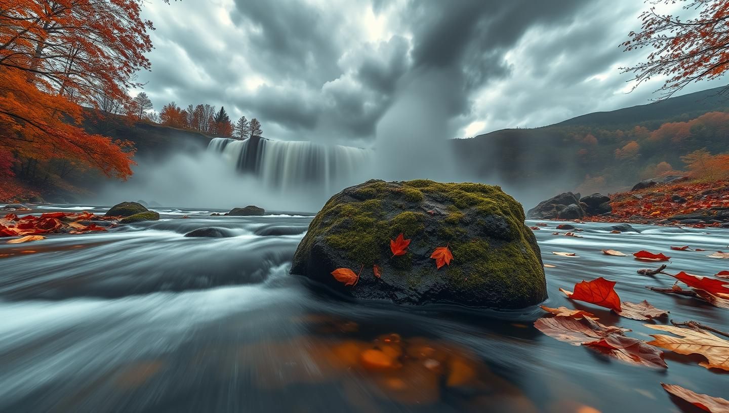 Autumn Waterfall Serenity: Golden Leaves, Misty Cascade - 8K Nature Escape
 | Unfold Lens