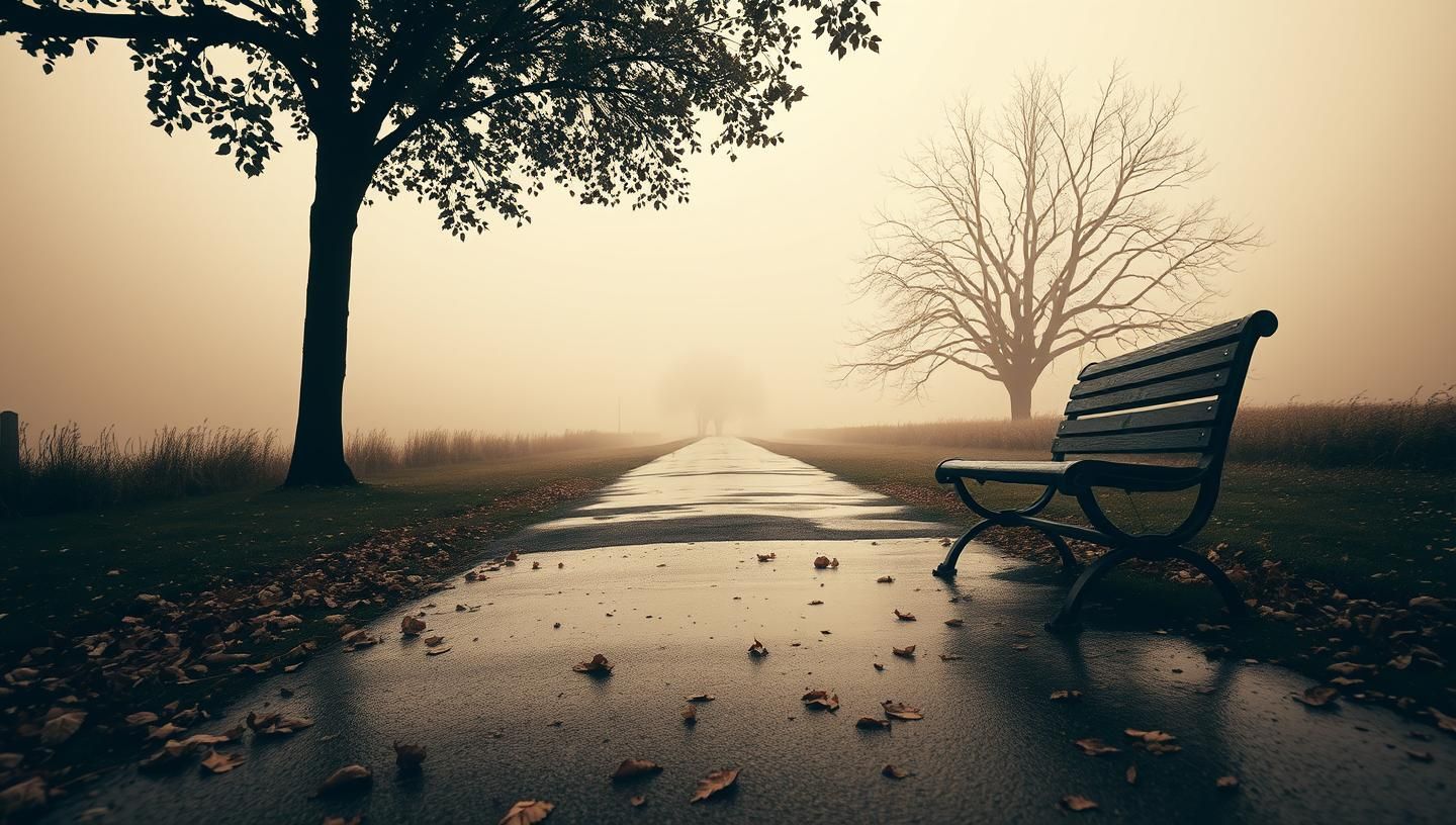 Autumnal Park Bench Serenity: Nostalgic Landscape in Sepia Tones, Rural Road View
 | Unfold Lens