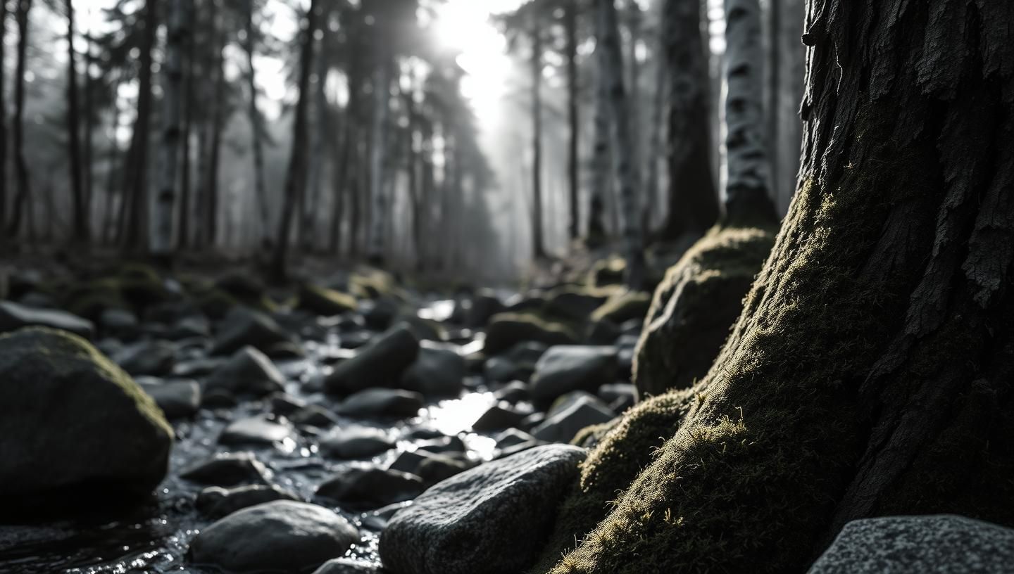 B&W Scandinavian Forest Riverbed Stones: Winter Sunlight, Ethereal Moss Detail
 | Unfold Lens