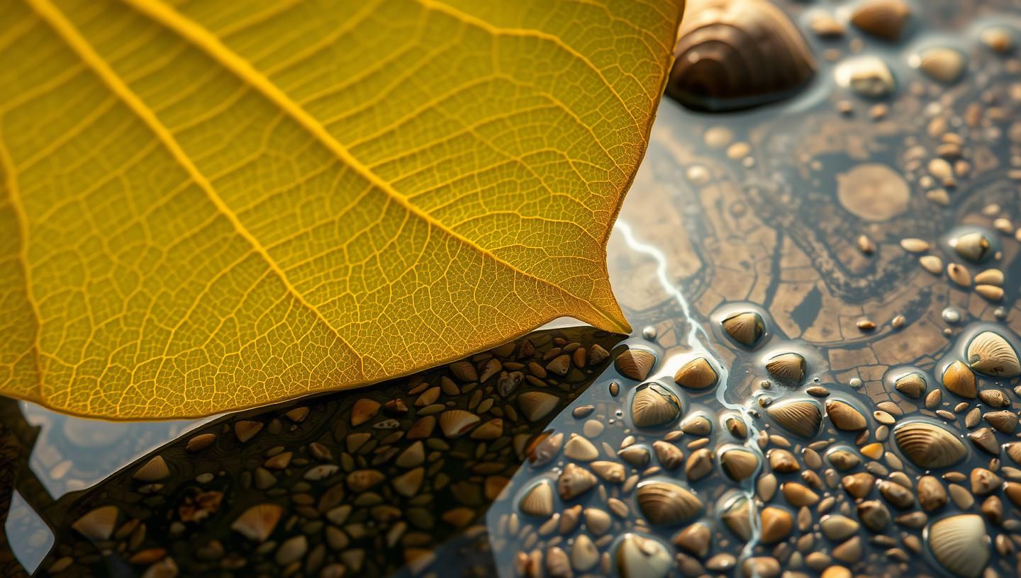Backlit Leaf Veins Tidal Pool Mirroring: Botanical Macro Beauty in 8K | Unfold Lens