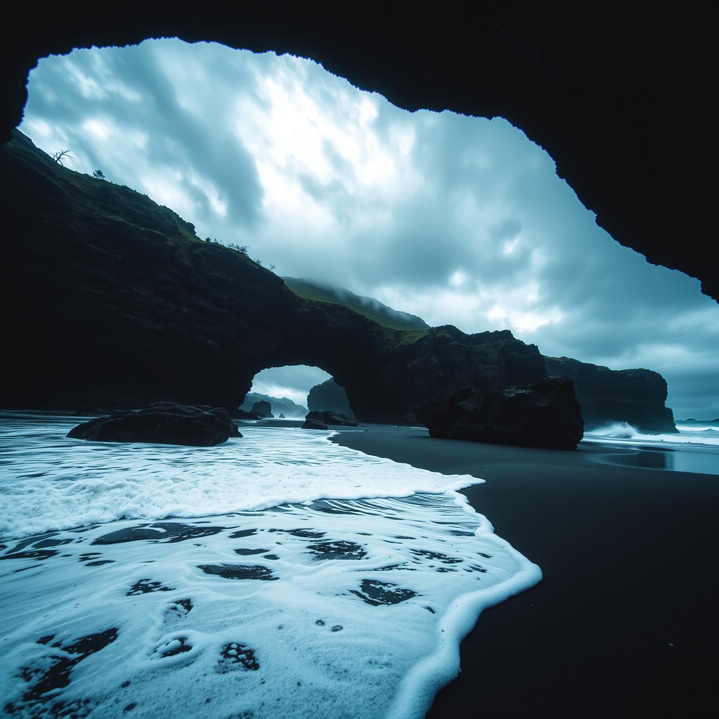Balinese Black Sand Beach Sea Cave: Moody, Dramatic Seascape in 8K Resolution
 | Unfold Lens