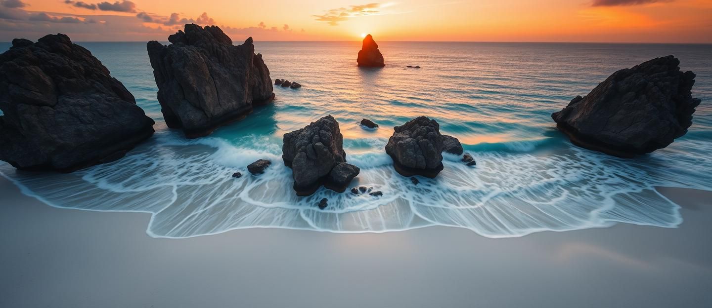 Belitung Beach Sunset: Aerial Drone Shot of Granite Giants & Rainbow Sea Foam
 | Unfold Lens