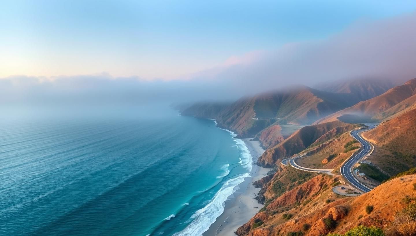Big Sur Coastline Sea Fog: Winding Roads & Blue Hour Serenity - 8k Vista
 | Unfold Lens