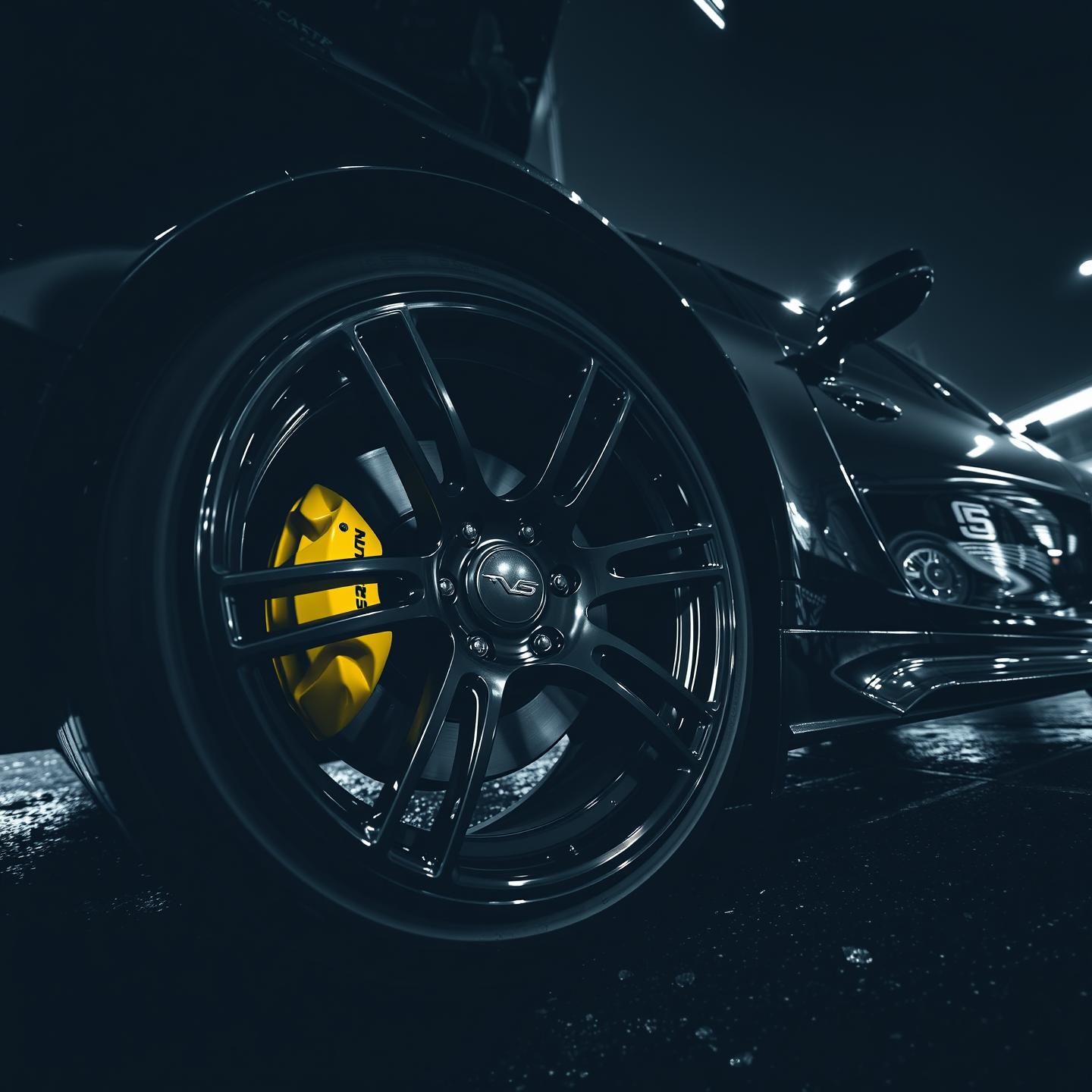 Black Alloy Wheel Reflection: Urban Power & Automotive Design (8k)
 | Unfold Lens
