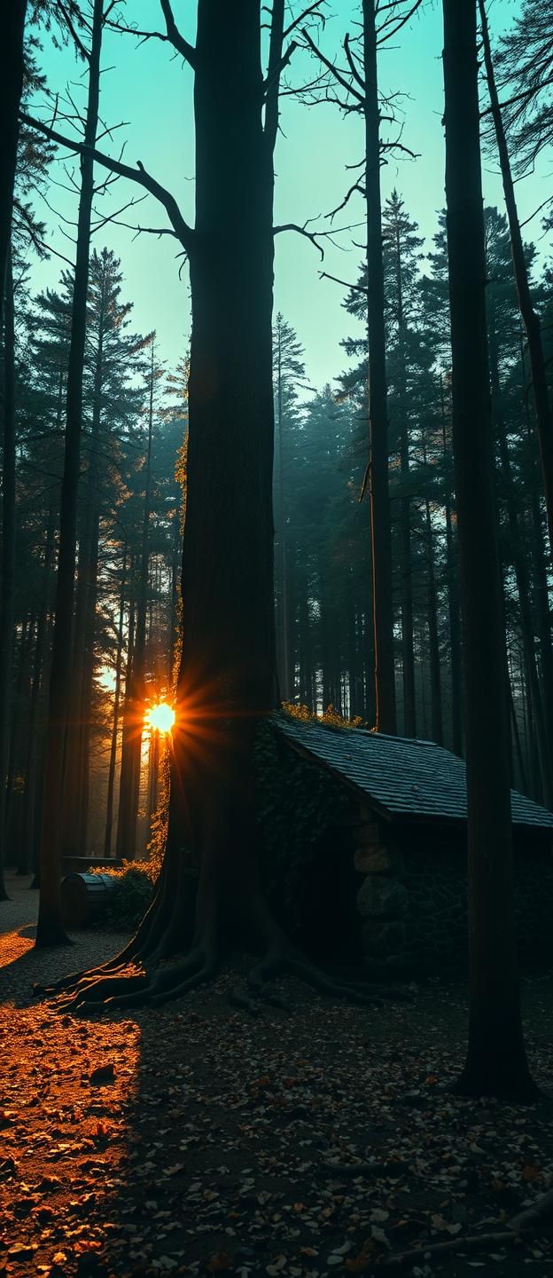 Black Forest Ruins: Golden Light on Stone Cabin, Ancient Tree - 8K Photo | Unfold Lens