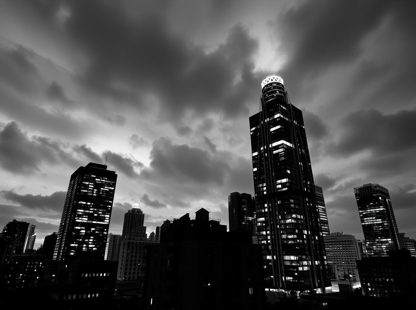 Blue Hour Cityscape: Dramatic Architecture, Tranquil Order, & Stormy Lights | Unfold Lens