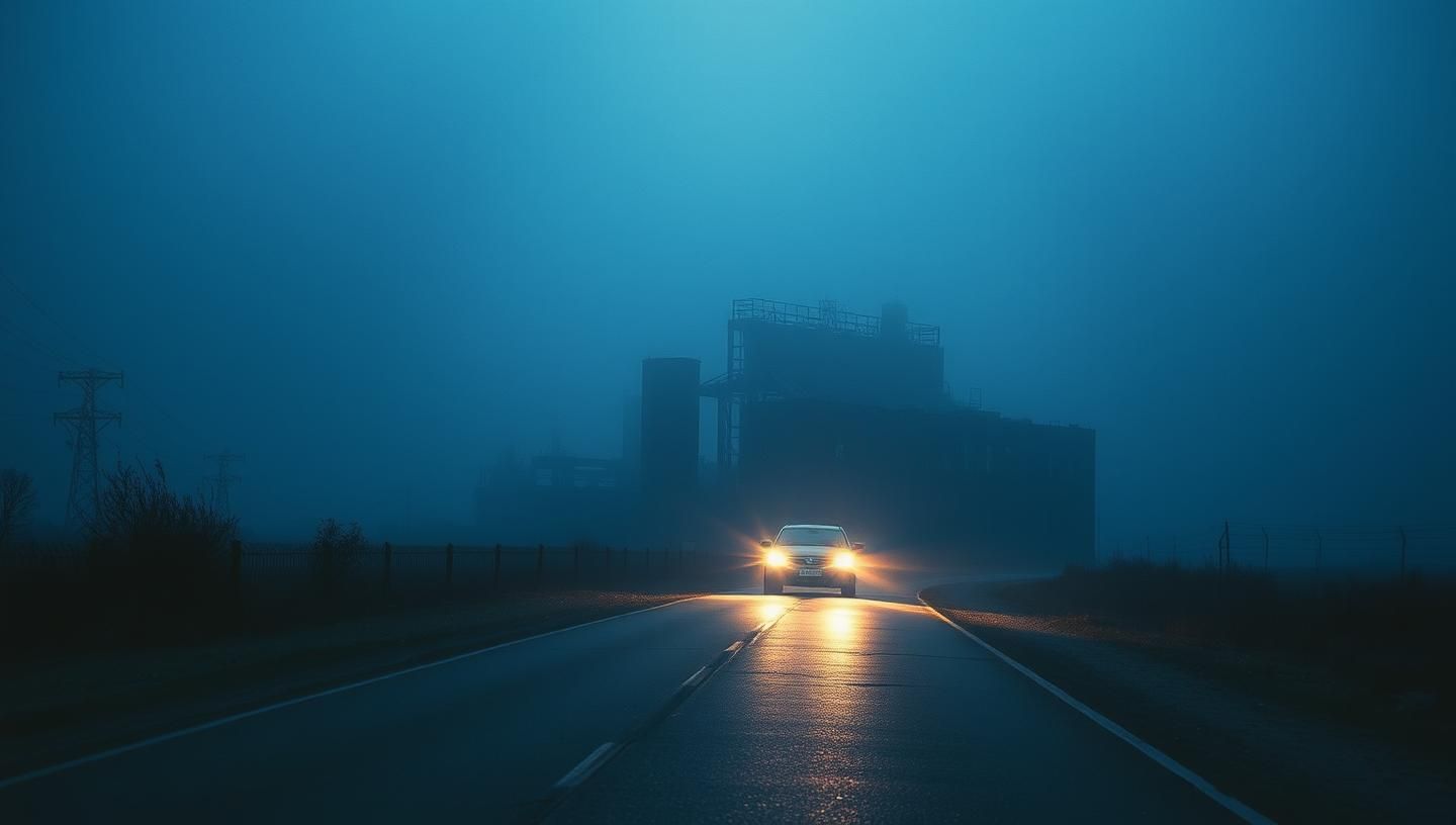 Blue Hour Factory Fog: Desolate Road Trip - Melancholy Automotive Art
 | Unfold Lens