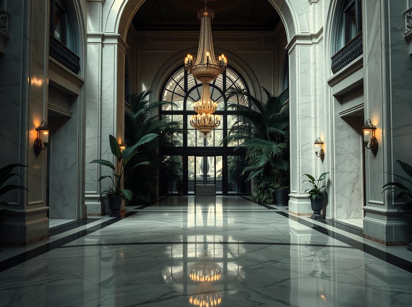 Botanical Conservatory in Grand Hotel Lobby: Tranquil Light & Shadow Opulence
 | Unfold Lens
