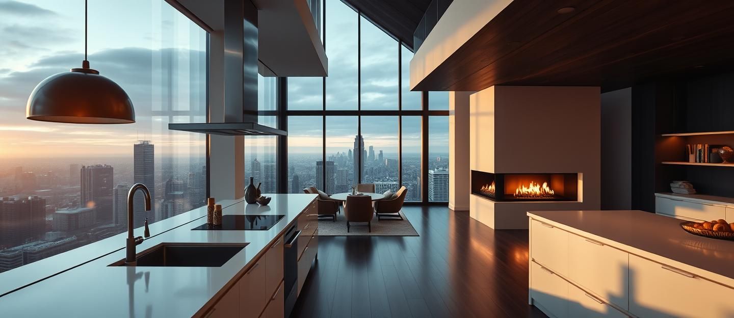 Breathtaking Modern Penthouse Kitchen: Warm Hygge Design, City View, 8k | Unfold Lens