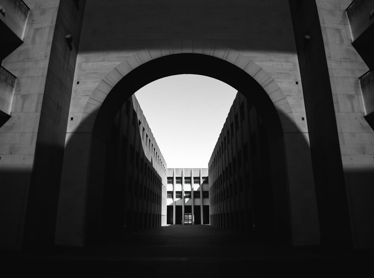 Brutalist Architecture: High-Contrast Concrete Building in Dramatic Shadows
 | Unfold Lens