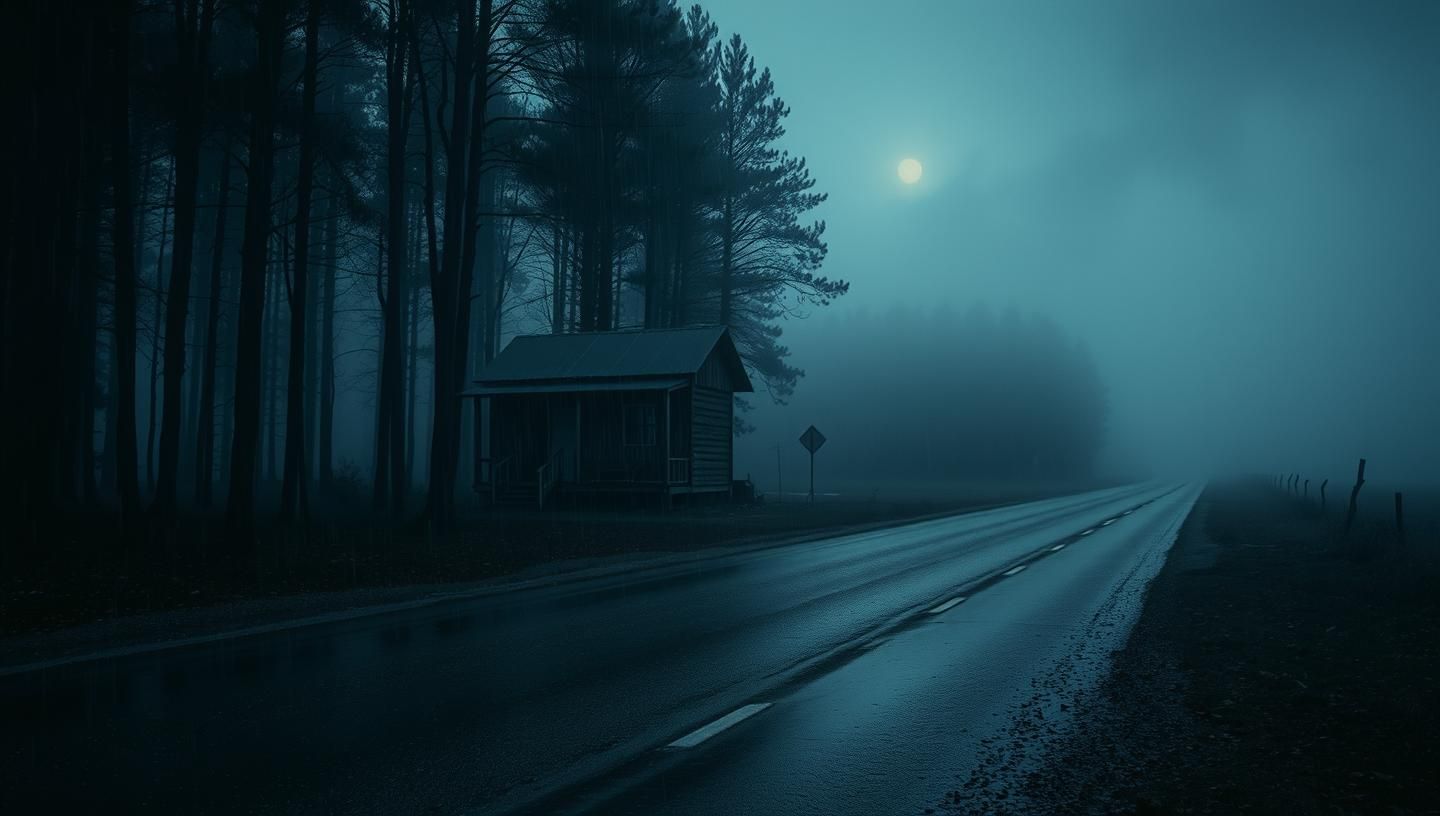 Cabin in Stormy Woods: Solitude, Light, and Reflection - 8k Scenic Photography
 | Unfold Lens