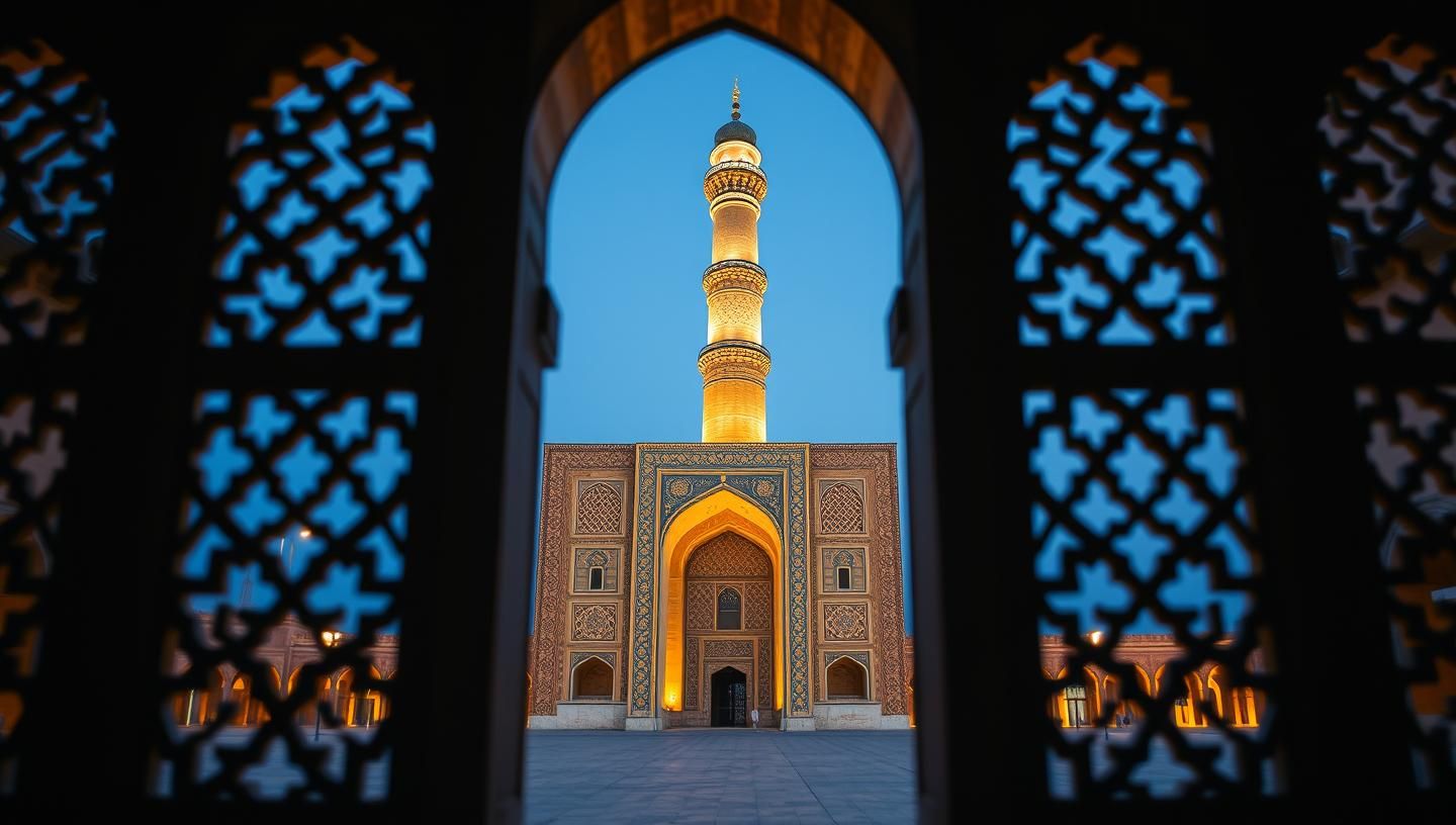 Cairo Palace Frames Isfahan Square at Blue Hour: Breathtaking Geometric Minaret | Unfold Lens