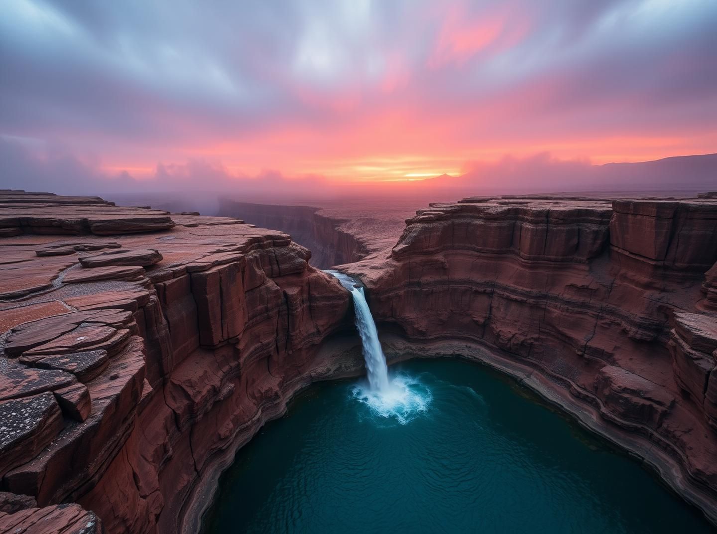 Canyon Waterfall: Serene Turquoise Pool & Sunset - 8K Resolution Masterpiece
 | Unfold Lens
