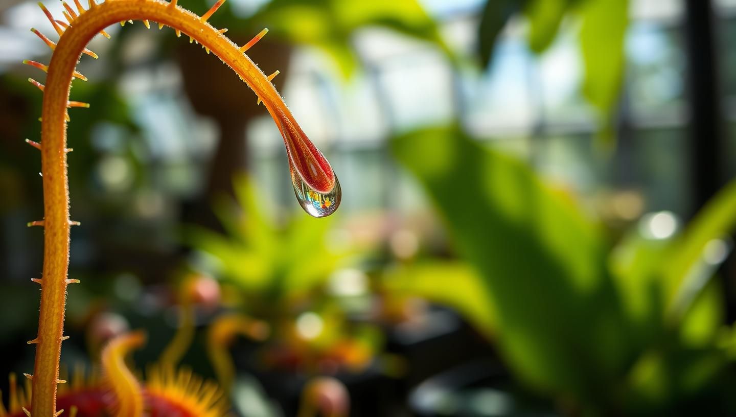 Carnivorous Sundew Droplet: Iridescent Dew in Botanical Garden (8K Photo)
 | Unfold Lens