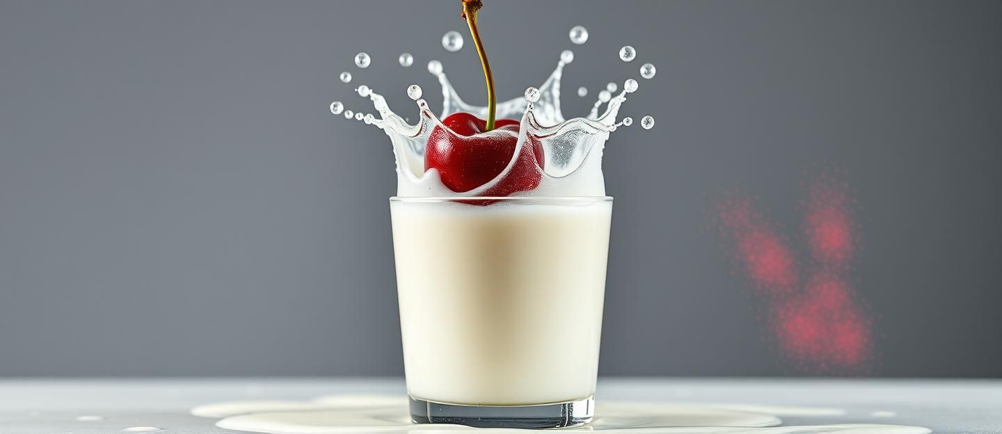 Cherry Drop in Milk: Stunning Splash, Vibrant Crimson Powder, 8K Photo
 | Unfold Lens