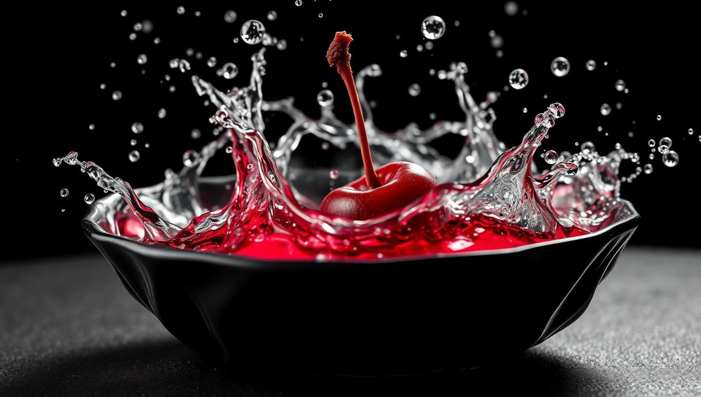 Cherry Splash in Glass: Dynamic High-Speed Photo, Sharp Black & White Art
 | Unfold Lens