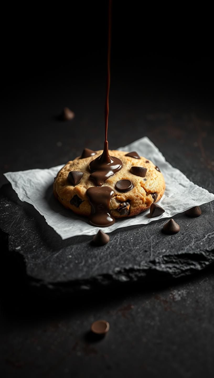 Chocolate Chip Cookie Macro Shot: Melting Chips, Dark Mood, 8K Food Photo | Unfold Lens