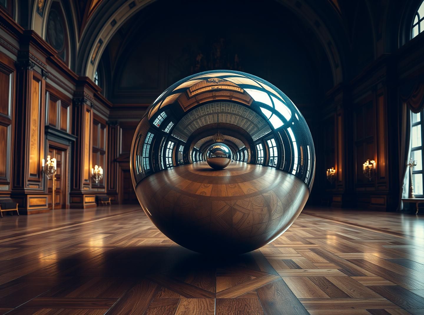 Chrome Sphere Reflections: Moody European Palace Ballroom, 8K Fine Art Photo
 | Unfold Lens