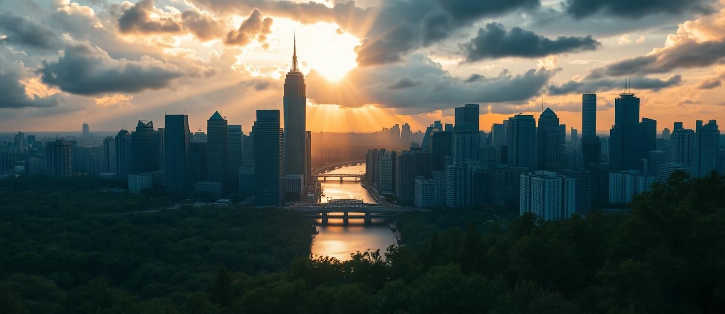 City Sunrise: Golden Light, Skyscrapers, River Reflections, Stormy Skies | Unfold Lens