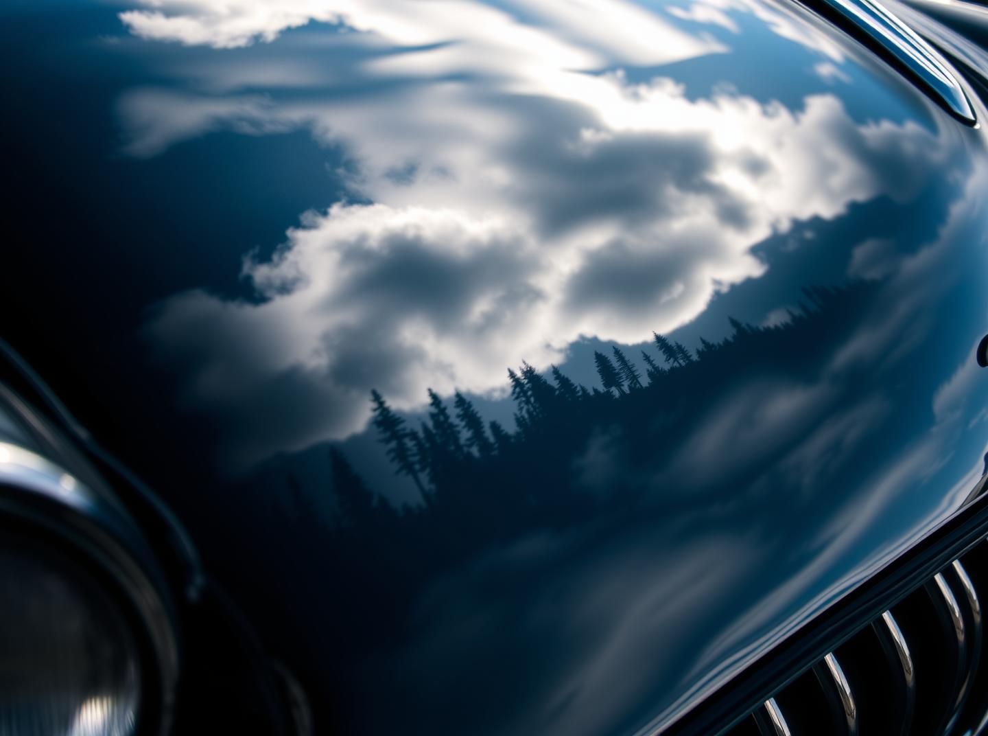 Classic Car Chrome Reflection: Surreal Forest Meets Automotive Dreamscape
 | Unfold Lens