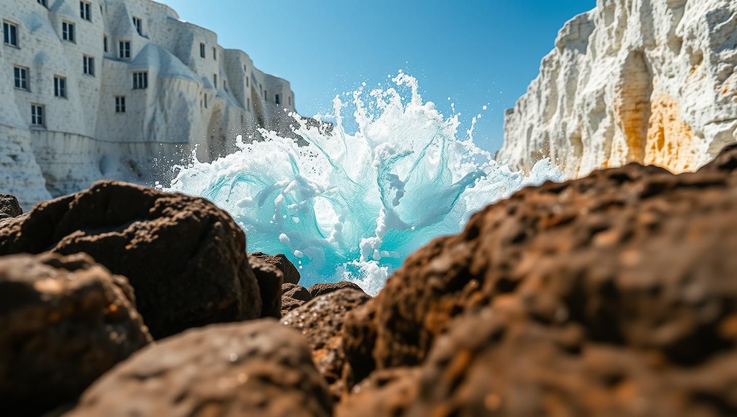Coastal Blowhole Power: Dover Cliffs Turquoise Explosion, Seascape Beauty 8K
 | Unfold Lens